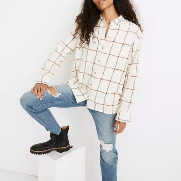 Madewell Tops - Madewell Flannel Oversized Ex Boyfriend Shirt Plaid Women's Sz XS Cream EUC NICE